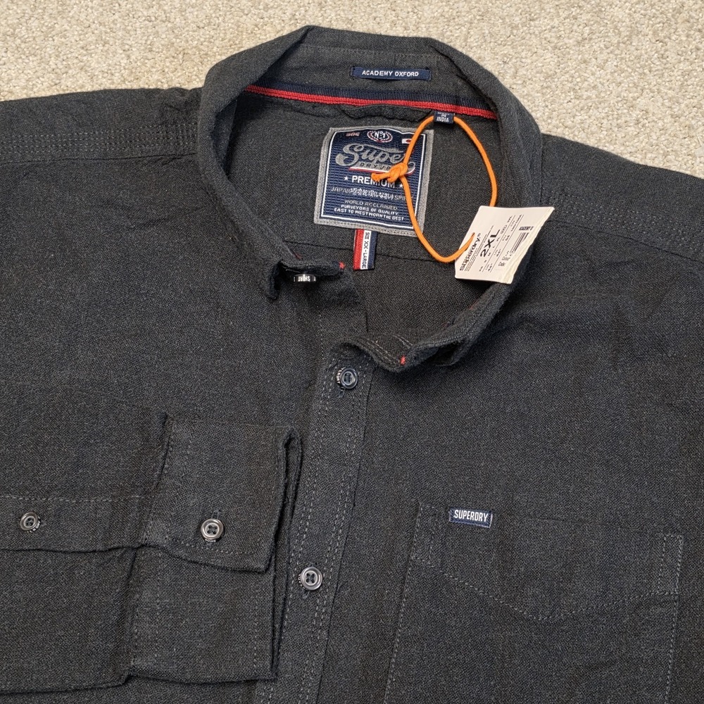 SUPERDRY Men's Academy Oxford Premium Long sleeve Shirt Gray Size XXL Runs Small